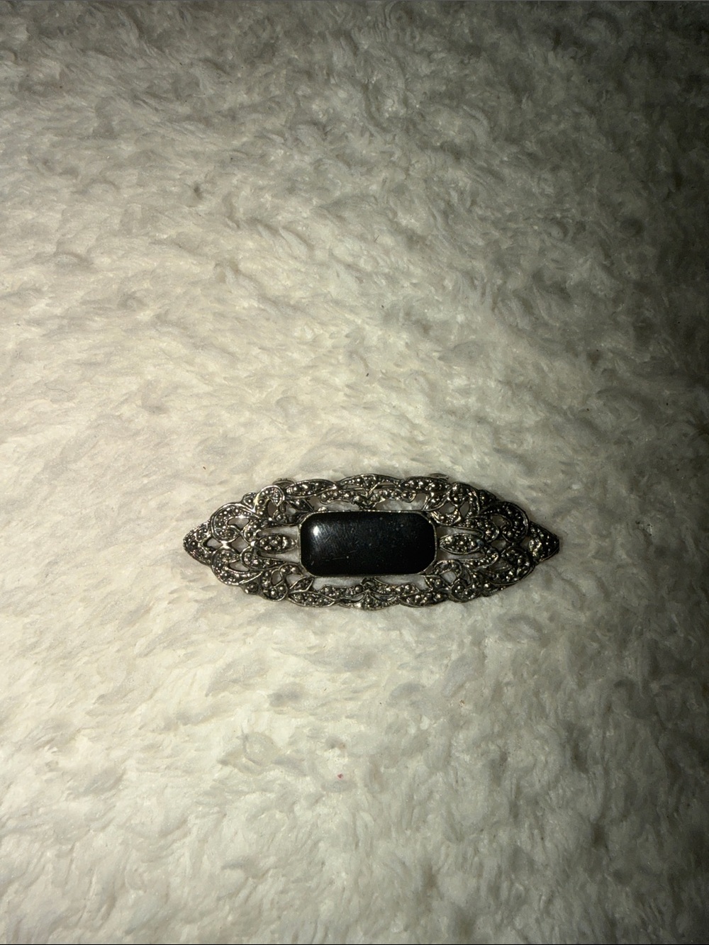 Vintage Silver-Tone Filigree Brooch with Black Center